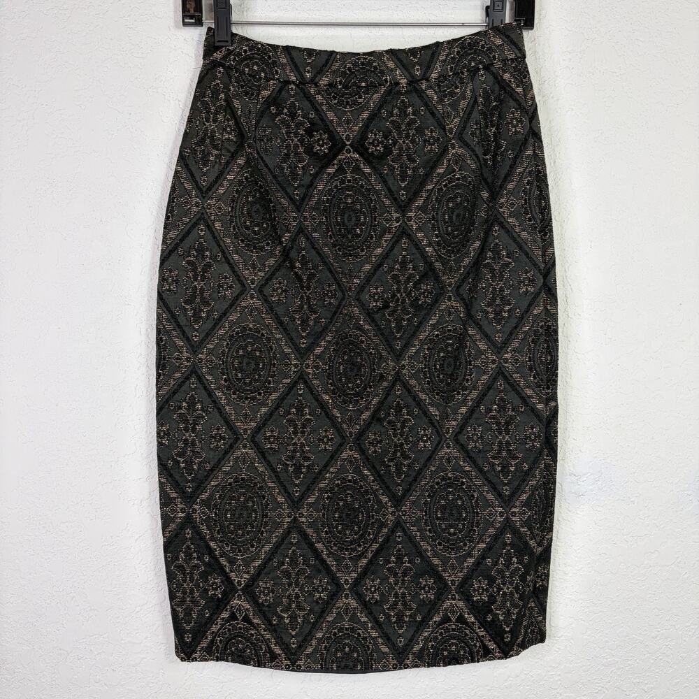 Peggy Jennings Black Pure Silk Brocade Jacquard Pencil Skirt Size 6(Measurements